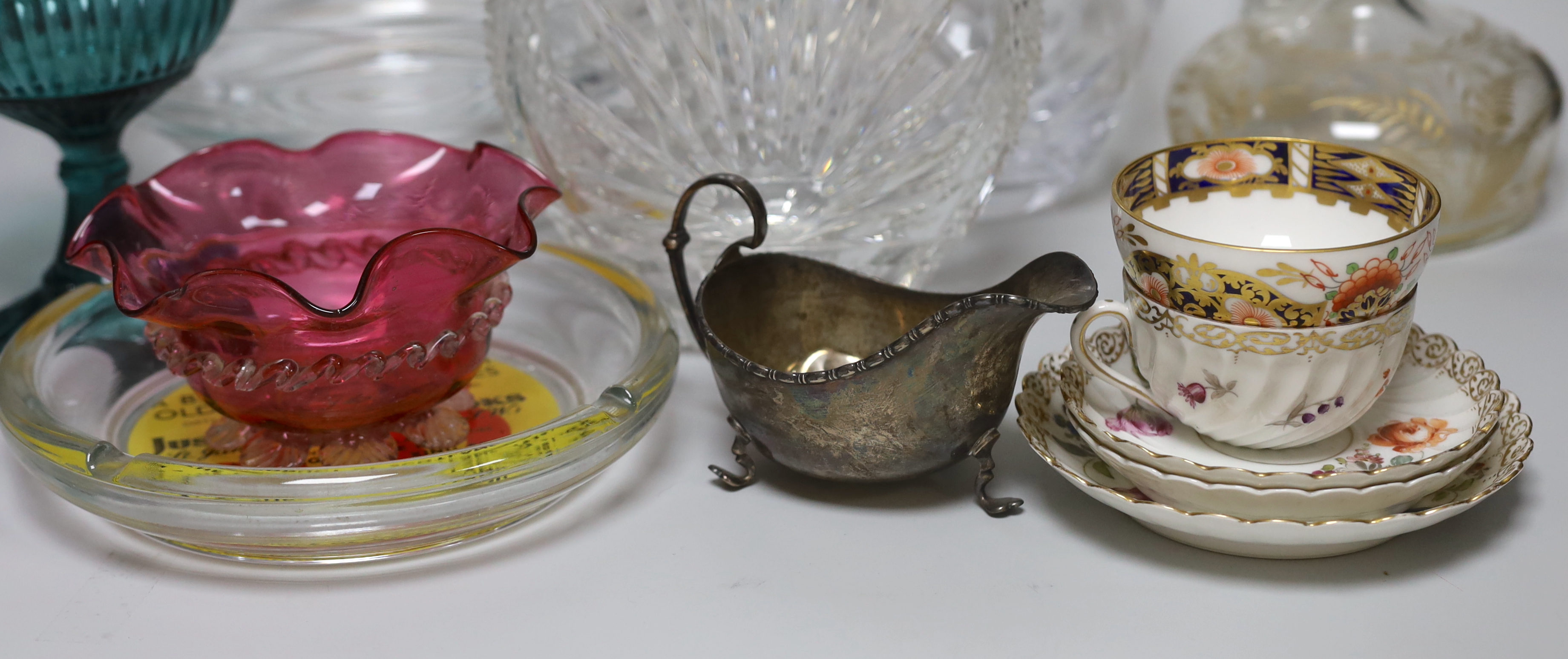 A boxed Tiffany glassvase other glassware and porcelain tea wares, Tiffany vase 23cm high